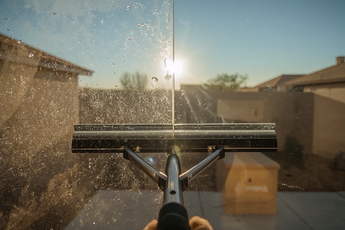 A squeegee mid-pull down a Tucson window, leaving a sharp division between dust-filmed glass and perfectly clear glass